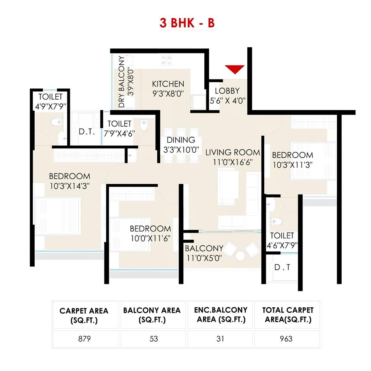 The-Rising-Saniket-Floor-Plan-Wing-B3-3-BHK-B-963-Sqft